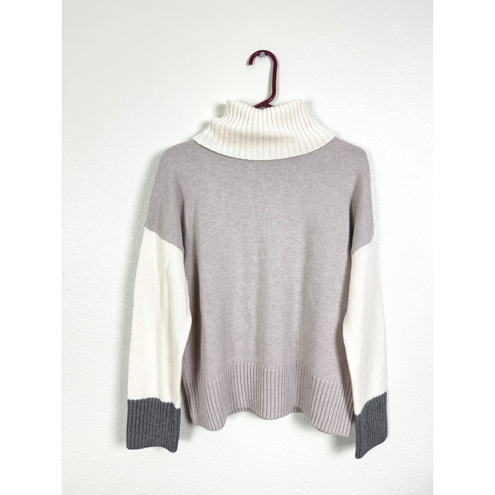 Garnet Hill Sweater Womens Small Gray Colorblock Merino Wool Cotton Turtleneck